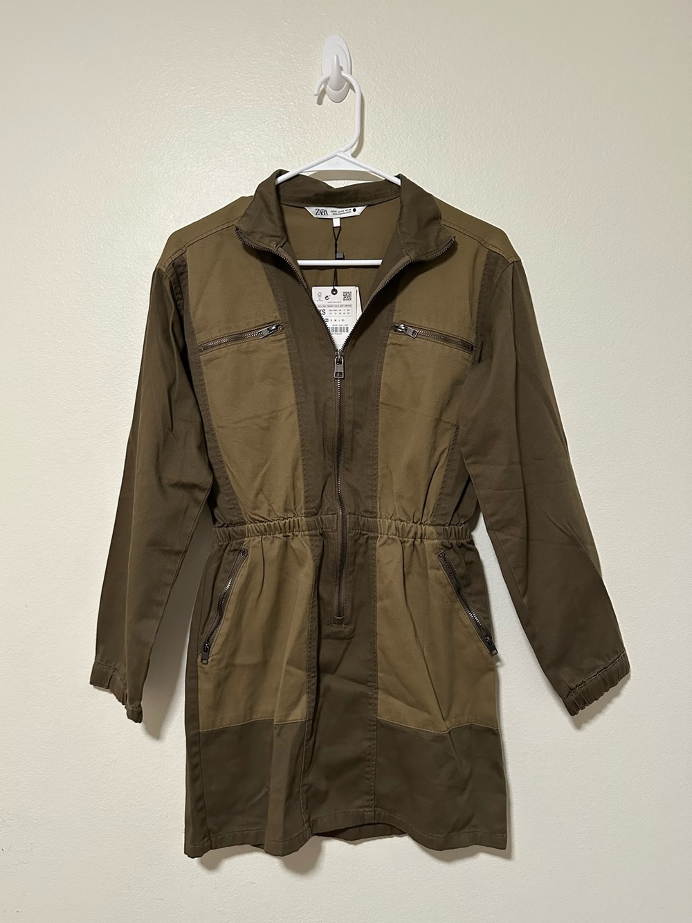 NWT Zara Olive Color block Utility Zip-Front Women's Dress